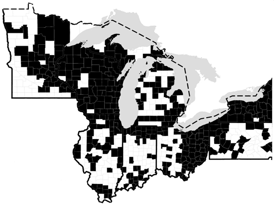 Map showing counties in the Great Lakes States with watermilfoil.