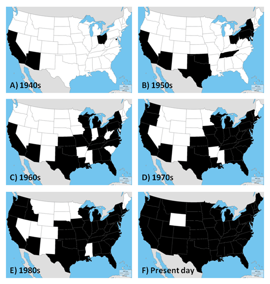 United States maps showig spread of watermilfoil.