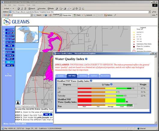 Screen shot from the GLEAM water quality index.