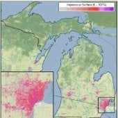 NLCD 2019 Impervious Surface dataset, with watersheds outlined in blue.