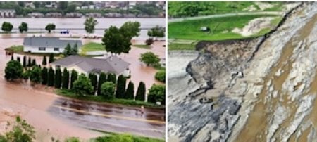 Left: Houghton 2018 Father’s Day Flood (image courtesy of the National Weather Service). Right: Michigan Tech UAV photo of the former location of the Edenville dam, taken two weeks after the historic May 2020 flood event that also destroyed the Sanford Dam and M-30 bridge over Wixom Lake.
