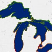 Map of the Great Lakes around Michigan with coastal areas marked.