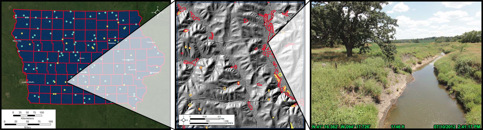 Collage of a map of a state, a close up of an area, and a wetlands photograph.