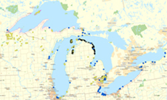 Points marked along the Great Lakes Basin.