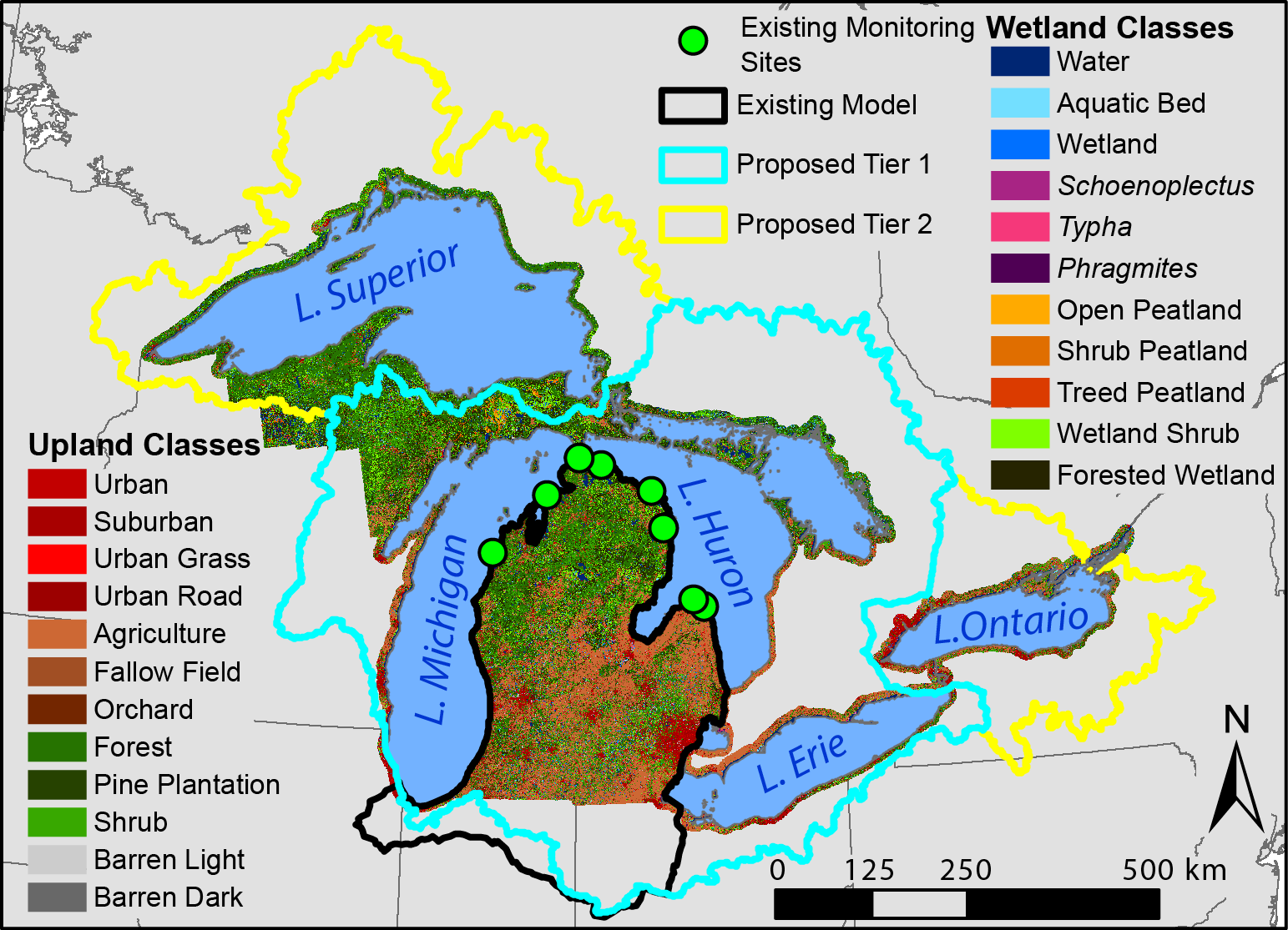 Great Lakes Map of Wetland Classes, Monitoring Sites, and Upland Classes