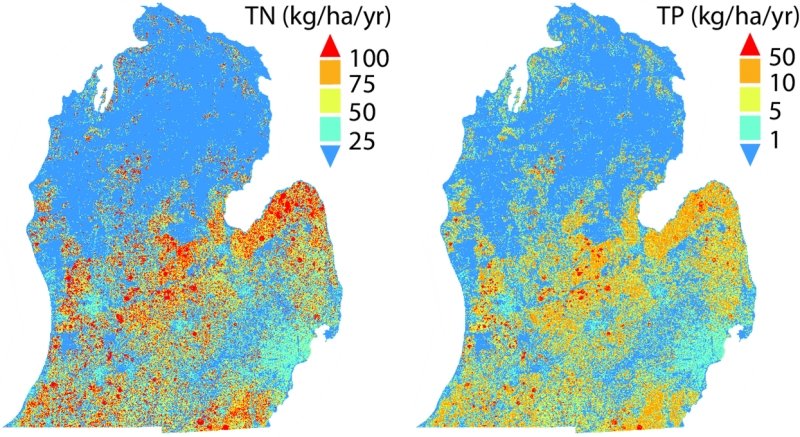 Nutrient loads noted by color on map of lower Michigan.