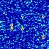Radar image that is blue with some red areas.