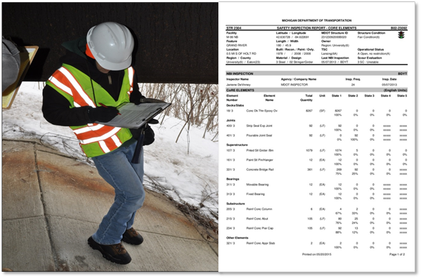 Person under a bridge writing on a clipboard and example of form they fill out.