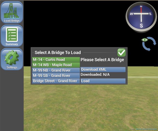 Screen shot showing the menu to select a bridge to load.