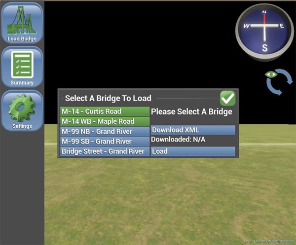 Screen shot showing the menu to select a bridge to load.