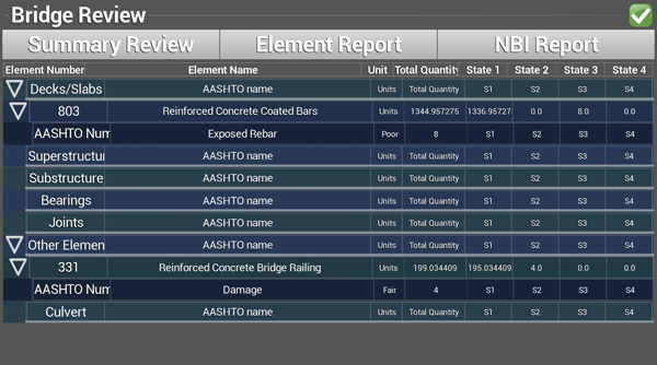 Screen shot of the element report tab.