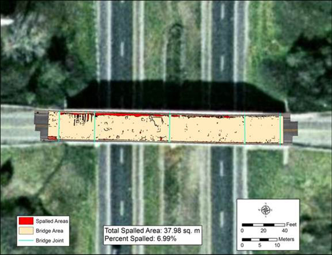 Aerial view of a bridge with spalling highlighted.