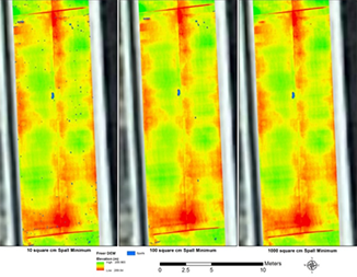 Three images of highlighted bridge surface.