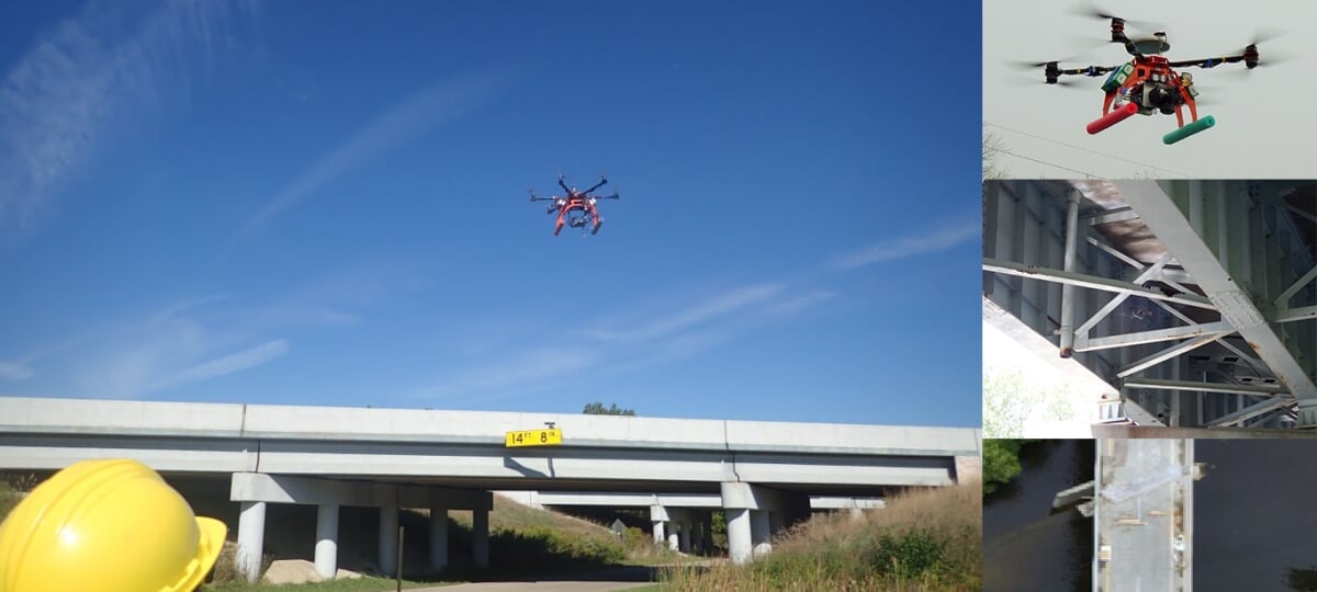 Collage of deployed UAVs adn bridge inspections