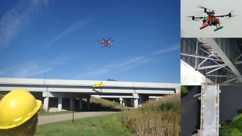 Collage of deployed UAVs adn bridge inspections