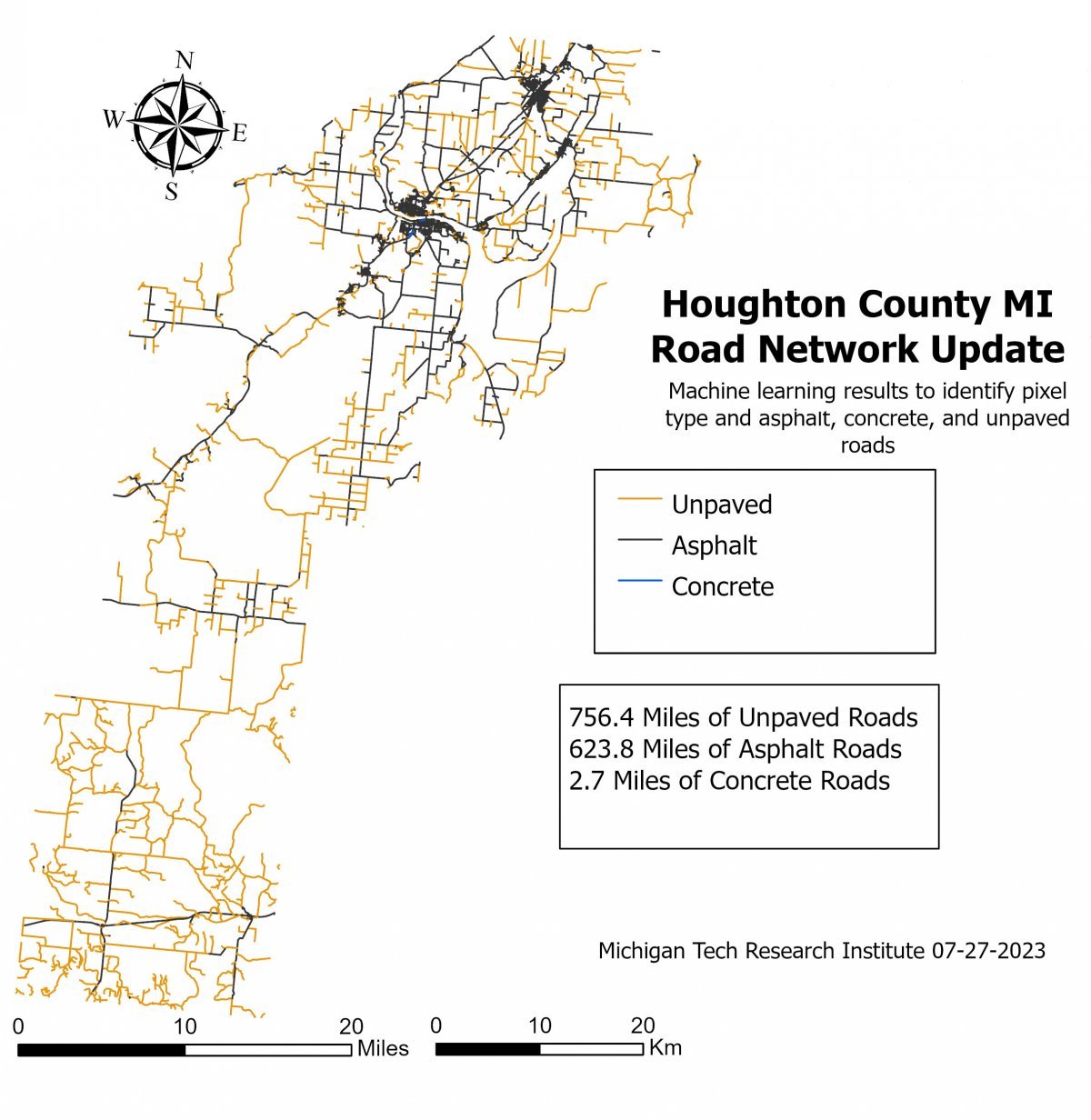 Map of Houghton, MI showing road type classifications