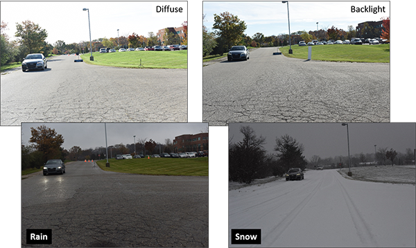 Four photos of cars on a road in diffuse light, backlight, rain, and snow.