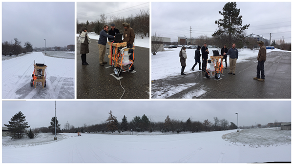 Collage of images showing camera equipment being used on a road.