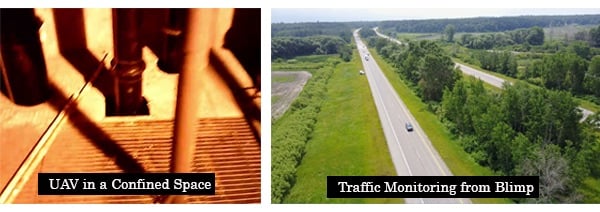 UAV image in a confined space and wide view of a roadway from the blimp.