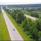 Aerial view of a divided highway.