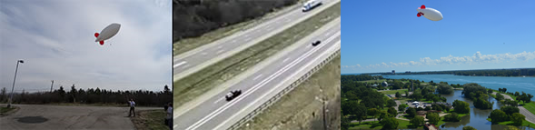 Two images of the blimp in the air and one aerial view of a roadway.