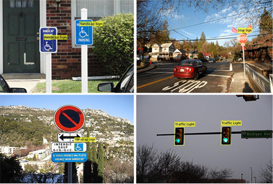 Four images of traffic signs and lights.