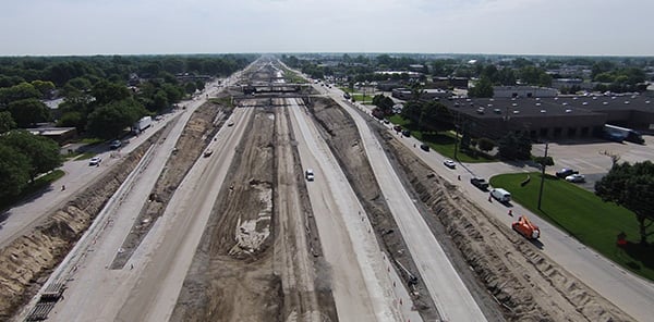 Aerial view of an unpaved road.