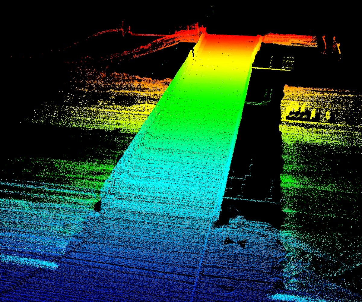 Colorful LiDAR image of a bridge.