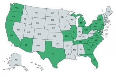 Map illustration of the US with colored states described in the caption.