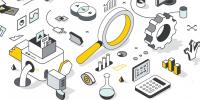 Illustrated graphic of a magnifying glass, calculator, gear, and other research-related equipment and symbols.