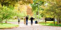 Five students walk and talk on campus sidewalk in the center of the frame with leaves in early fall colors overhead and in the background.