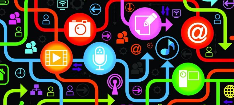 A series of arrows pointing to social media icons