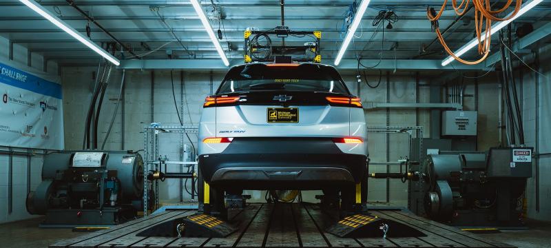An electric car in the Michigan Tech Advanced Power Systems Laboratories (APS LABS)