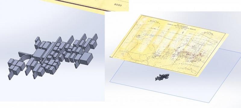 A 3D model underneath one of the paper maps that inspired it as a student designs a solid model of an iron mine for an energy project