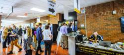 Students lined up in the hallway to enter the Career Fair in the Multipurpose Room of the SDC.