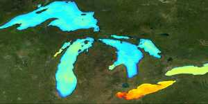 The map shows the mean production for the year 2008 across the Laurentian Great Lakes region. Lake production values are scaled from low (blue) to high (red). Image Credit: Karl Bosse/MTRI