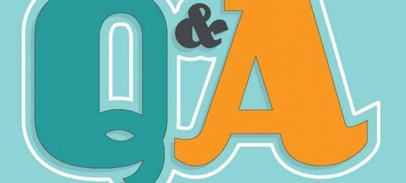 Large Q & A letters on a colored background.