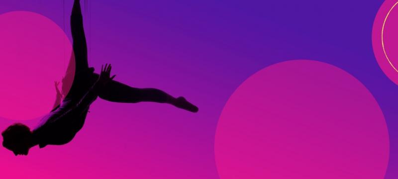 Purple background with pink circles and a dancer silhouette.