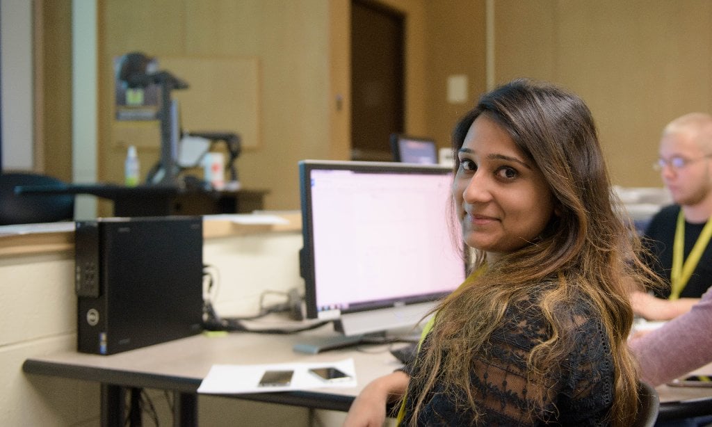 Hanana Anwar, a high school student from Islamabad, Pakistan is seen in a Psychology in the Real World class at Michigan Tech's Summer Youth Program.