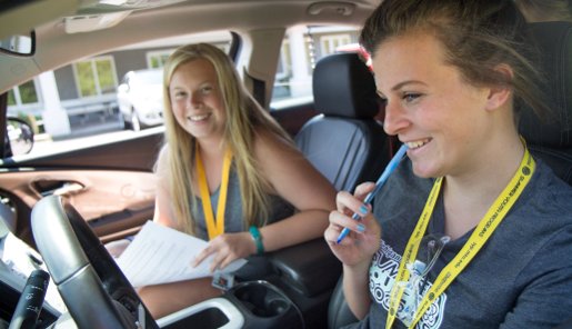 Mackenzie Wahr, left, and Victoria Palkovich-Albright during a Women in Automotive Engineering exercise.