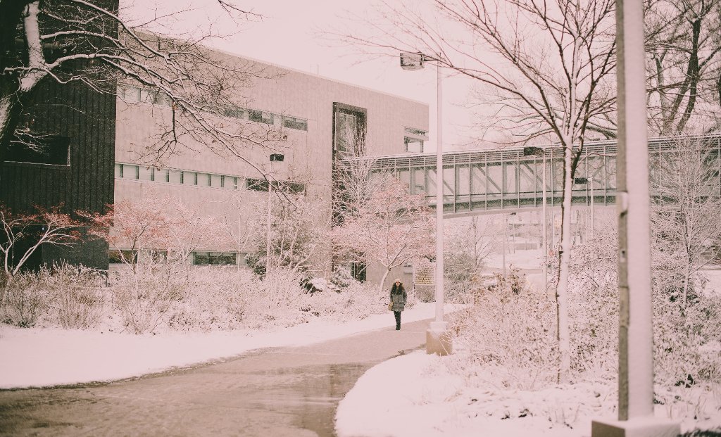 Michigan Tech's campus glistens in the season's first snow.