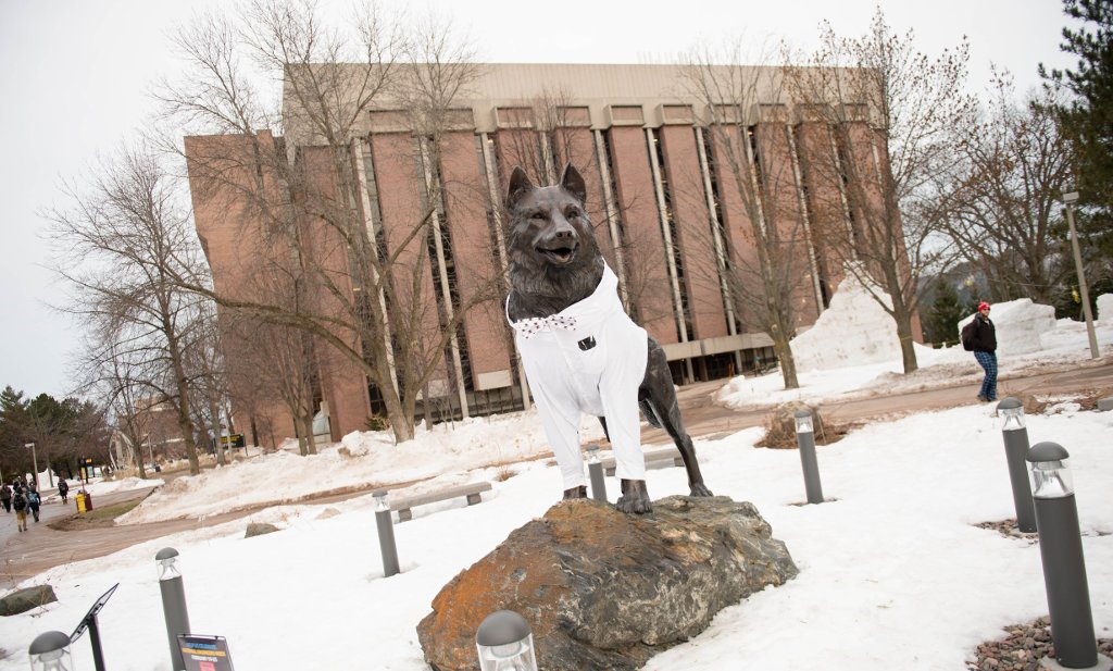 Tau Beta Pi, Michigan Tech's chapter of the national engineering honor society, dressed the iconic Husky statue in a lab coat for National Engineers Week. (Husky statue by Hanlon Sculpture Studio)