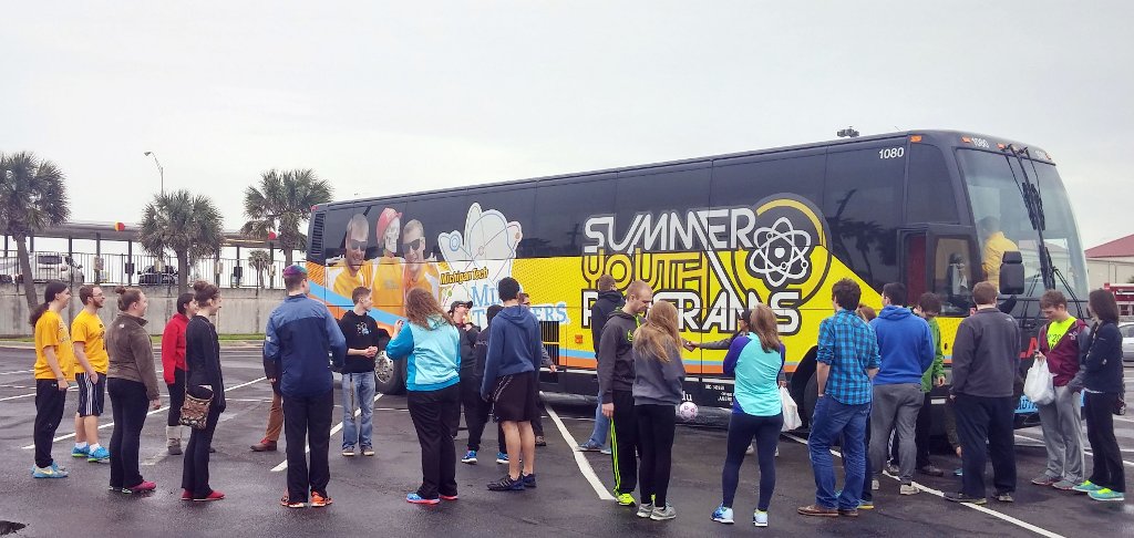 The Michigan Tech Mind Trekkers wait to board a bus in Houston, Texas during Spring Break, 2016. Once again this year, the group will work with a Houston community college to host a STEM festival. The trip is one of several Alternative Spring Breaks undertaken by Tech Students.