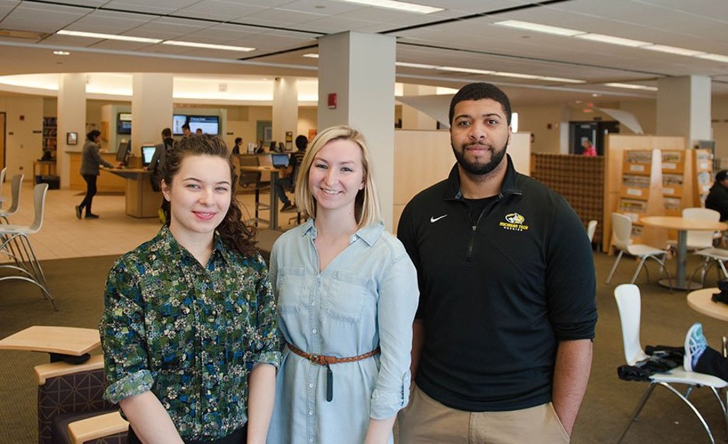 From left, Rebecca Guyon, Mary Kate Mitchell and Roger Guillory II are seen in the Van Pelt and Opie Library. The three students have been accepted into the Graduate Research Fellowship Program, run by the National Science Foundation.