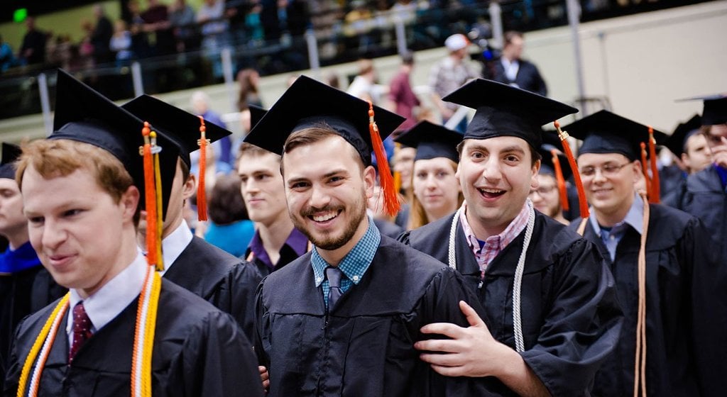 Graduates line up for the processional just prior to the 2016 Spring Commencement. This year's Spring Commencement is scheduled for Saturday.