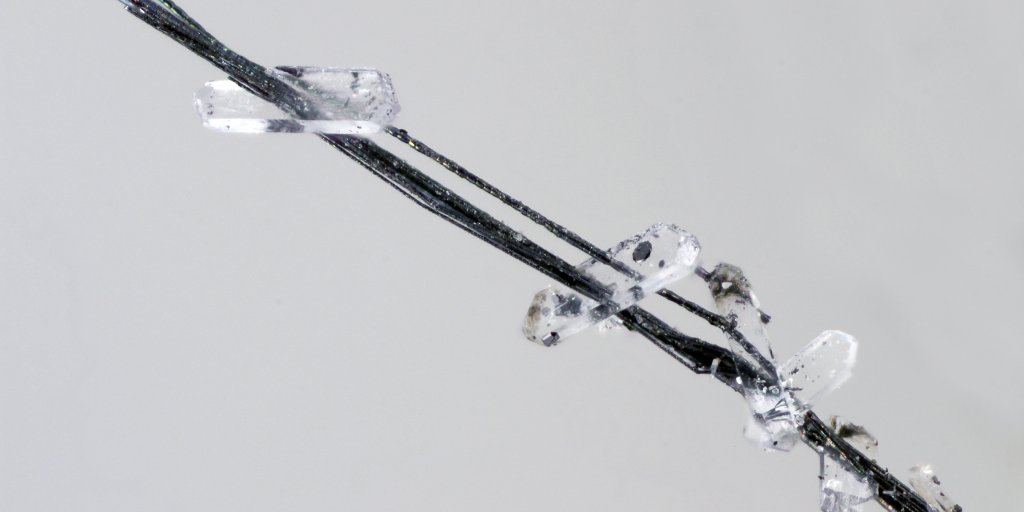 The tiny, silvery, cylindrical whiskers (up to five millimeters long) are a new mineral â€” merelaniite â€” named for a mining region in Tanzania, shown growing here with stilbite and graphite.