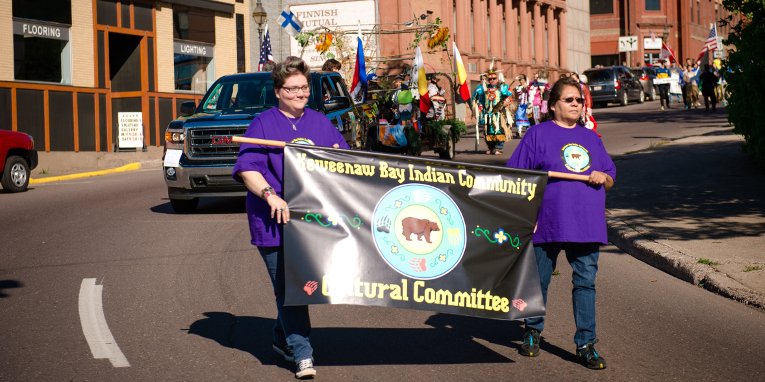 The Keweenaw Bay Indian Community marches in the Parade of Nations.