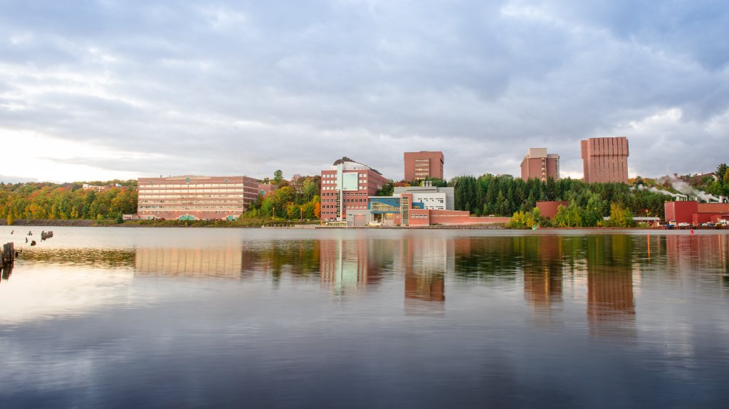 Campus skyline across the Portage Waterway.