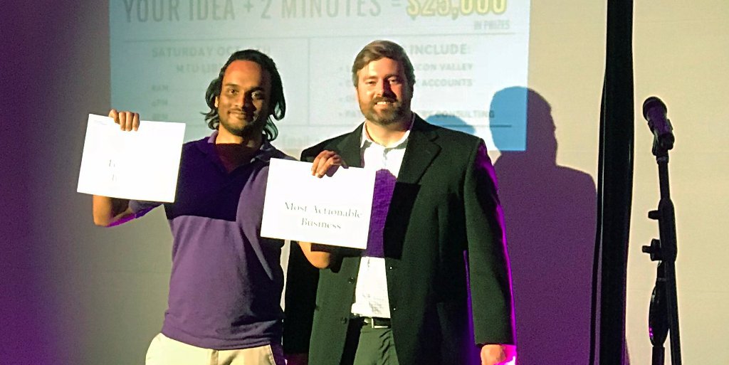 Suhel Shaikh, left, poses with Andre Laplume of Michigan Tech's School of Business and Economics after winning the Bob Mark Elevator Pitch Competition Oct. 7