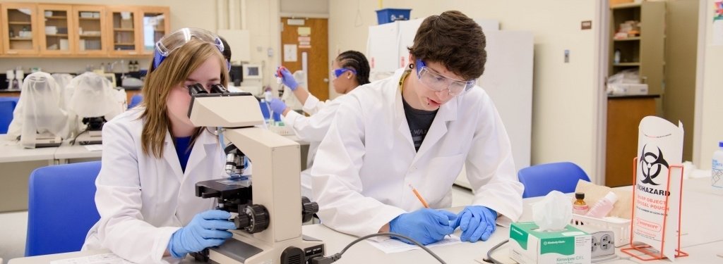 Two students work in a lab